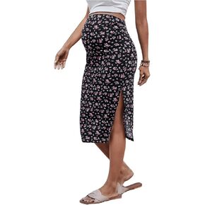 MakeMeChic Women's Maternity Skirts Boho Floral Print High Waist Split Midi Skirt in Saudi Arabia
