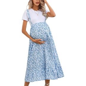 KOJOOIN High Waisted Maternity Midi Skirt Summer Casual Boho Flowy Ruffle Adjustable Suspender Skirt Photoshoot Baby Shower