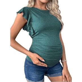 SweatyRocks Women's Maternity Ruched Ruffle Cap Sleeve Shirt Top Crew Neck Pregnancy T Shirts