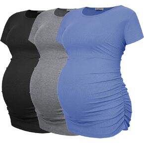 Smallshow Women's Maternity Shirts Ribbed Rcuhed Pregnancy Clothes Tops 3 Packs