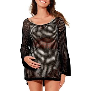Summer Mae Maternity Swimsuit Crochet Swim Cover Up Hollow Out Long Sleeve Beach Cover Up Pregnancy Bathing Suit Cover Up