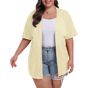 OLRIK Plus Size Cardigan For Women Summer Short Sleeve Open Front Lightweight Cardigan with Pockets Drape Beach Cover Up