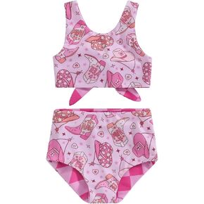Toddler Baby Girl 2 Piece Swimsuit Sleeveless Knotted Tankini Short Set Western Bikini Set Two Sided Print Swimwear
