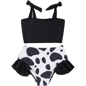 BOUTIKOME Toddler Baby Girl Two Piece Swimsuit Cow Print Swimwear Knot Top Flared Bottom Bikini Set Beach Bathing Suit 1-6T