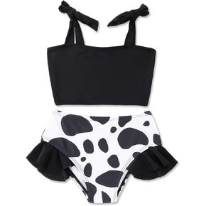Toddler Girl Two Piece Swimsuit Strap Halter Ruffle Bikini Set Cow Print Swimwear Summer Beach Bathing Suit 18M-6T