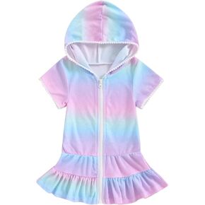 MAYUMMPY Kids Girls Swimsuit Cover up Terry Swimwear Zipper Hoodie Dress Beach Rash Guards for Toddler Bathing Suit