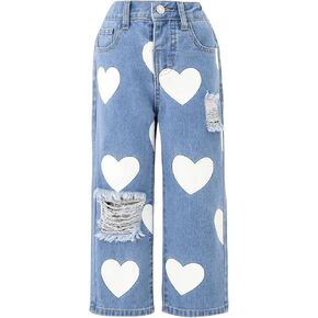 Floerns Toddler Girl's Heart Print Jeans Distressed Ripped Straight Leg Denim Pants