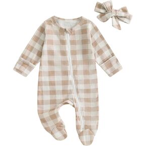 Douhoow Cute Baby Footies Newborn Girl Clothes Waffle Baby Girl Jumpsuit Romper Infant Coming Home Outfits with Headband