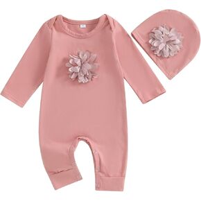 Infant Baby Girl 3D Floral Cotton One Piece Overall Romper with Hat Toddler Baby Long Sleeve Onesie Jumpsuit
