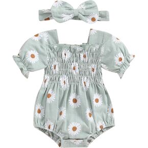 Infant Baby Girls Romper Daisy Ruffle Sleeve Pleated Smocked Bubble One Piece Ruched Jumpsuit Summer Bodysuit