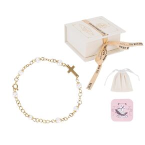 Baby Baptism Bracelet with Cross - Baptism Gifts for Girl, Baby Gift for Infant Boys, Toddler Gift Set with Pearl and Poem Card, Christening and Baby Dedication Gifts for Girls with Gift Box