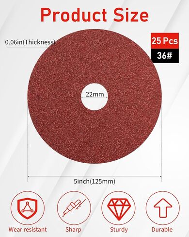 25Pcs 5" Angle Grinder Sanding Discs, 36 Grit Sanding Disc with 7/8" Arbor | Long Lasting, Reduces Heat, Easy to Install, Fast Sanding for Aluminum, Oxide, Zirconia, Anti Clogging, Stable Grinding in Saudi Arabia