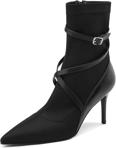 المرأة حذاء من الجلد منتصف العجل الجوارب للنساء مدبب تو خنجر عالية الكعب حذاء الكاحل أحذية مريحة الجوارب للنساء فستان in Kuwait