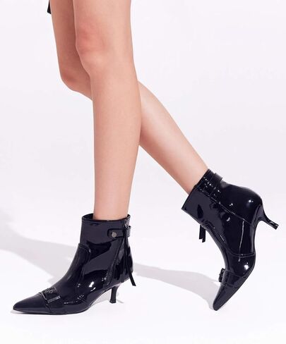 Coutgo Womens Pointed Toe Ankle Boots Sexy Low Kitten Heel Buckle Booties Side Zipper Tassel Winter Dress Shoes in Saudi Arabia