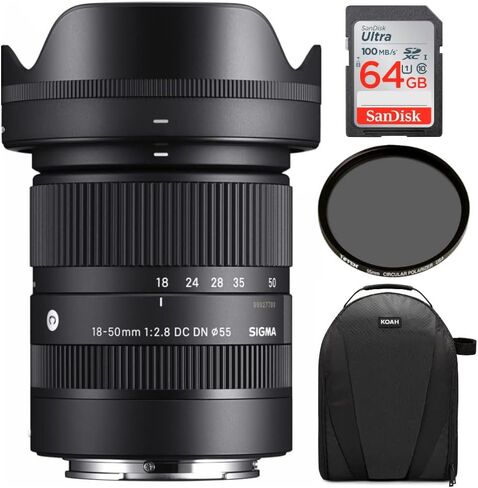 Sigma 18-50mm f/2.8 DC DN Contemporary Lens for Sony E Mount with Tiffen CPL Filter, 64GB SD Card, and Camera Bag Bundle (4 Items) in Saudi Arabia