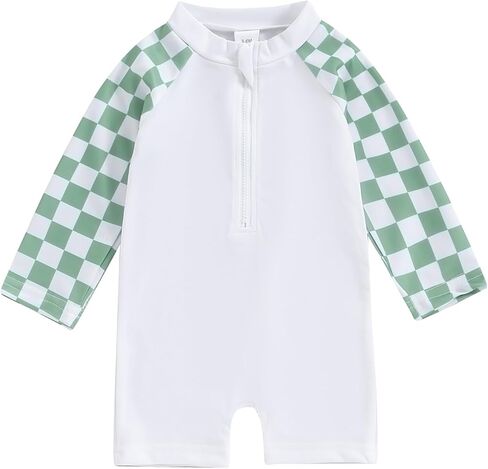 Lesimsam Toddler Baby Boy Swimsuit Checkered Patchwork Long Sleeve One Piece Zipper Bathing Suit Rash Guard Swimwear Sunsuit in Kuwait