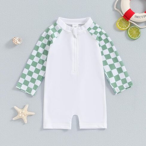 Lesimsam Toddler Baby Boy Swimsuit Checkered Patchwork Long Sleeve One Piece Zipper Bathing Suit Rash Guard Swimwear Sunsuit in Kuwait