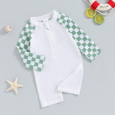 Lesimsam Toddler Baby Boy Swimsuit Checkered Patchwork Long Sleeve One Piece Zipper Bathing Suit Rash Guard Swimwear Sunsuit in Kuwait