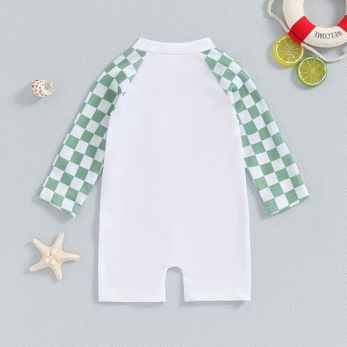 Lesimsam Toddler Baby Boy Swimsuit Checkered Patchwork Long Sleeve One Piece Zipper Bathing Suit Rash Guard Swimwear Sunsuit in Kuwait