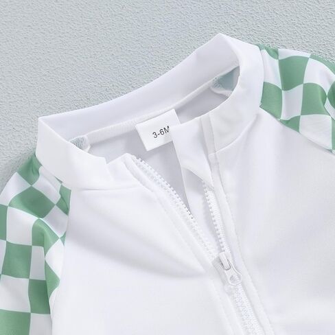 Lesimsam Toddler Baby Boy Swimsuit Checkered Patchwork Long Sleeve One Piece Zipper Bathing Suit Rash Guard Swimwear Sunsuit in Kuwait