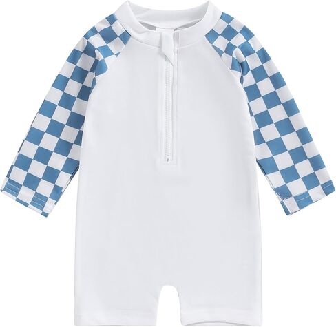 Lesimsam Toddler Baby Boy Swimsuit Checkered Patchwork Long Sleeve One Piece Zipper Bathing Suit Rash Guard Swimwear Sunsuit in Kuwait