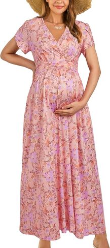 OUGES Maternity Maxi Dress Wrap V Neck Baby Shower Pregnancy Dresses for Photoshoot in Saudi Arabia