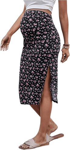 MakeMeChic Women's Maternity Skirts Boho Floral Print High Waist Split Midi Skirt in Saudi Arabia