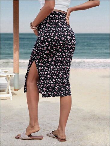 MakeMeChic Women's Maternity Skirts Boho Floral Print High Waist Split Midi Skirt in Saudi Arabia