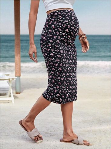 MakeMeChic Women's Maternity Skirts Boho Floral Print High Waist Split Midi Skirt in Saudi Arabia