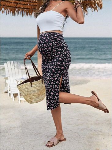 MakeMeChic Women's Maternity Skirts Boho Floral Print High Waist Split Midi Skirt in Saudi Arabia