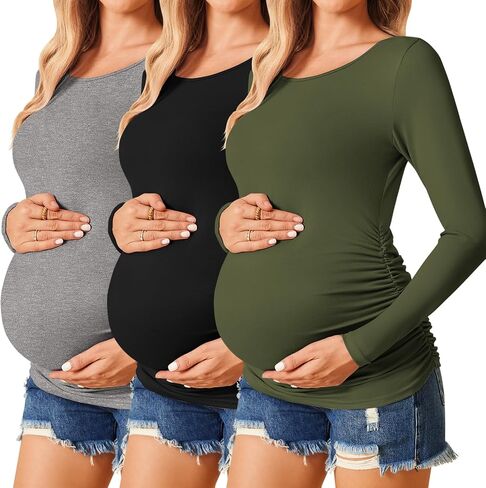 Ekouaer Womens Maternity Shirts Long Sleeve 3 Packs Pregnancy Tee Top Tunic Blouse Casual Mama Clothes S-XXL in Saudi Arabia
