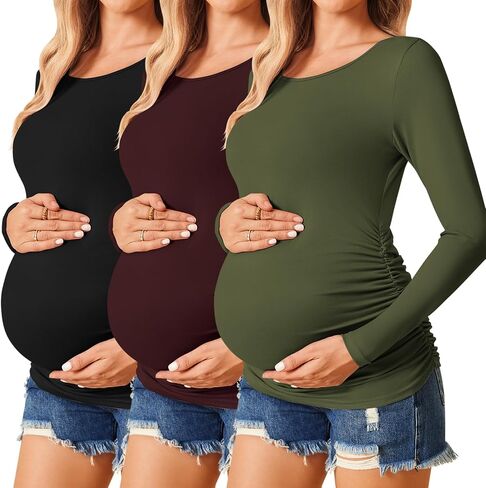 Ekouaer Womens Maternity Shirts Long Sleeve 3 Packs Pregnancy Tee Top Tunic Blouse Casual Mama Clothes S-XXL in Saudi Arabia