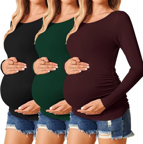 Ekouaer Womens Maternity Shirts Long Sleeve 3 Packs Pregnancy Tee Top Tunic Blouse Casual Mama Clothes S-XXL in Saudi Arabia