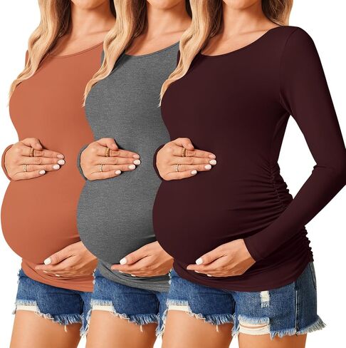 Ekouaer Womens Maternity Shirts Long Sleeve 3 Packs Pregnancy Tee Top Tunic Blouse Casual Mama Clothes S-XXL in Saudi Arabia