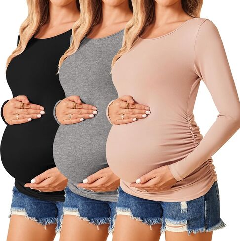 Ekouaer Womens Maternity Shirts Long Sleeve 3 Packs Pregnancy Tee Top Tunic Blouse Casual Mama Clothes S-XXL in Saudi Arabia