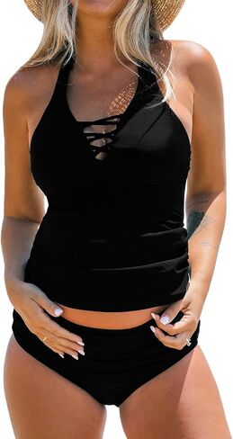 CUPSHE Women's Tankini Sets Maternity Two Piece Swimsuit Pregnant Bathing Suit High Waisted Halter Strap V Neck in Saudi Arabia