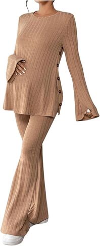 OYOANGLE Women's Maternity Sets 2 Piece Outfits Ribbed Long Sleeve Top and Flared Pants Set Pregnancy Clothes in Saudi Arabia