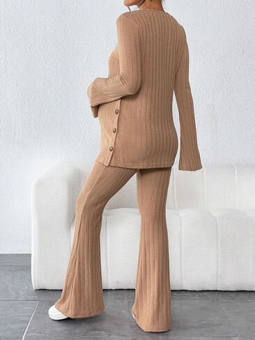 OYOANGLE Women's Maternity Sets 2 Piece Outfits Ribbed Long Sleeve Top and Flared Pants Set Pregnancy Clothes in Saudi Arabia