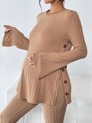 OYOANGLE Women's Maternity Sets 2 Piece Outfits Ribbed Long Sleeve Top and Flared Pants Set Pregnancy Clothes in Saudi Arabia