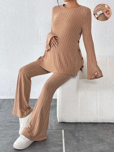 OYOANGLE Women's Maternity Sets 2 Piece Outfits Ribbed Long Sleeve Top and Flared Pants Set Pregnancy Clothes in Saudi Arabia