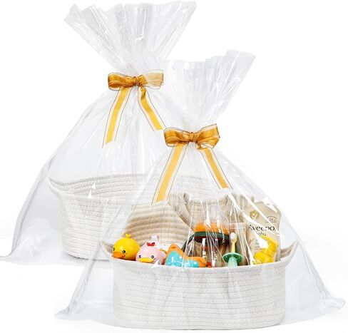 2 Pack Rectangle Woven Basket with Gift Bags and Ribbons, Empty Small Decorative Gift Chest Box, 12"x 8"x 5", Cute Baby Gift Basket for Nursery, Cotton Rope Room Shelf Storage Basket with Handles in Saudi Arabia