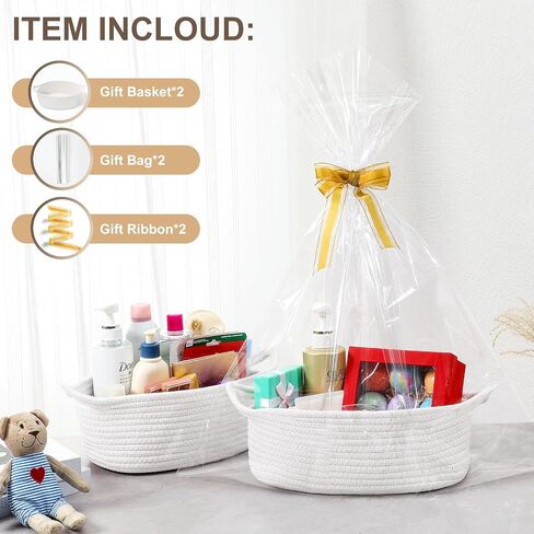 2 Pack Rectangle Woven Basket with Gift Bags and Ribbons, Empty Small Decorative Gift Chest Box, 12"x 8"x 5", Cute Baby Gift Basket for Nursery, Cotton Rope Room Shelf Storage Basket with Handles in Saudi Arabia