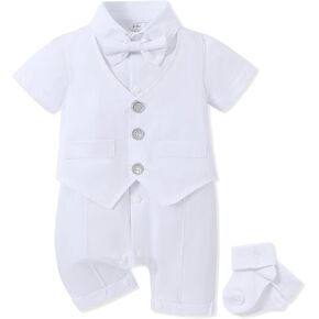 WESIDOM Baby Boy Baptism Christening Outfits Infant Gentleman Bowtie with Socks Baby Romper 4Pcs Baby Suit Sets