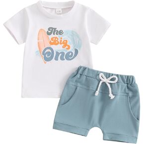 BULINGNA 2Pcs Baby Boy First Birthday Outfit Short Sleeve The Big One T-Shirt Top Casual Shorts Summer 1st Birthday Clothes