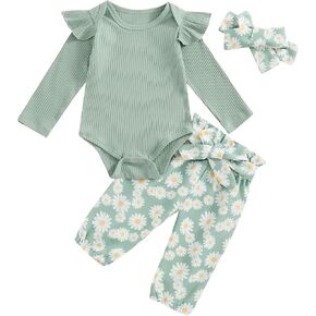 fhutpw Baby Girl Clothes 3 6 9 12 Months Outfits Long Sleeve Knitted Romper & Daisy Pants Fall Winter 3Pcs Clothes Sets