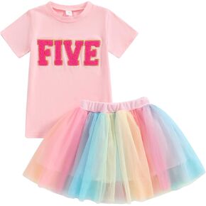 Muasaaluxi Toddler Baby Girl Birthday Outfit Two/Three/Four/Five/Six Embroidery T-shirt Colorful Tutu Skirts Summer Clothes
