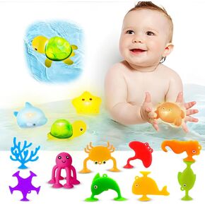 Baby Bath Toys for Kids Ages 1-3, No Hole Light Up Bath Toys for Babies 6-12 Months, Sensory Suction Cup Bath Toys for Toddlers 2-4, Ocean Animal Bathtub Pool Toys Gifts for 1 2 3 Year Old Boy Girl