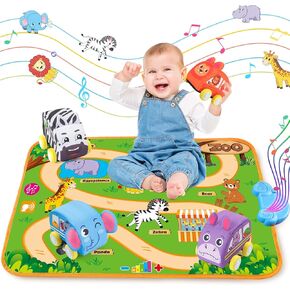 Baby Car Toys for 1 Year Old Boy with Musical Playmat, Animal Sounds and Pull Back Vehicles for Toddlers 1-3, Soft Baby Learning Toys 12-18 Months, 1st Birthday Gifts for One Year Olds