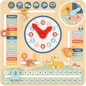 TOOKYLAND Kids Daily Calendar Montessori Educational Wooden Learning Toys My Calendar Clock Wooden Toys for Toddler Kids