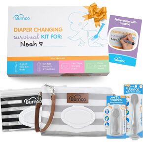 Baby Essentials Set - Personalized Diaper-Changing Baby Shower Gifts for Boys, Baby Gift Set with 2 Baby Bum Brushes (Original & Mini) + Diaper Clutch Bag + Wipes Wristlet, Newborn Gift Set